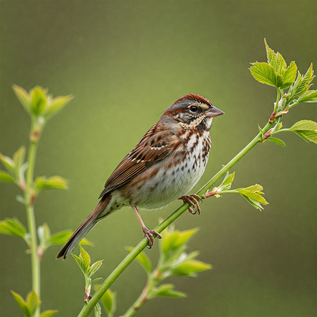 Ai generated image of a song sparrow sitting on a plant