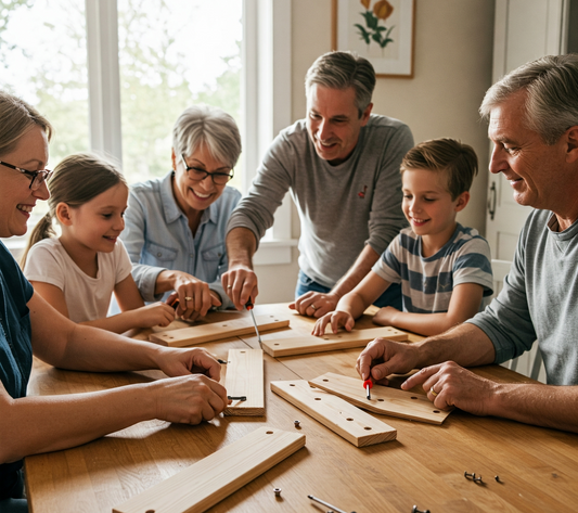 A family gathered around a table assembling a woodworking project