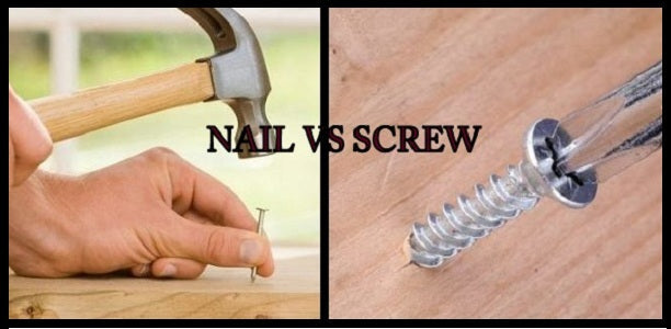 A nail getting hammered into a board and a screw being screwed into a board. 
