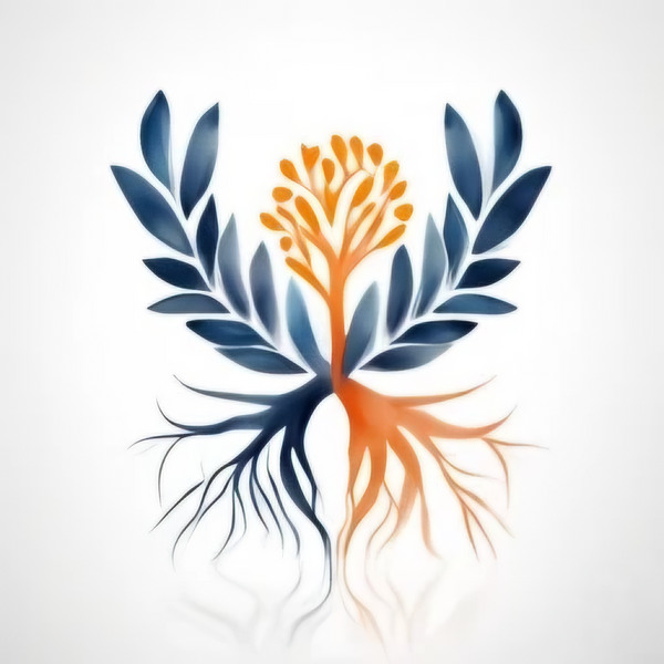 Feathers and Roots logo featuring a orange tree with roots interwoven with two feathers on each side.